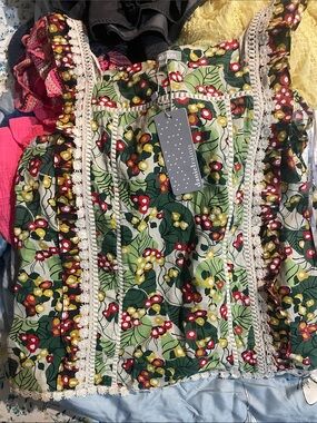 Daniel Rainn Green Floral Cotton Sundress with Red & Yellow Accents